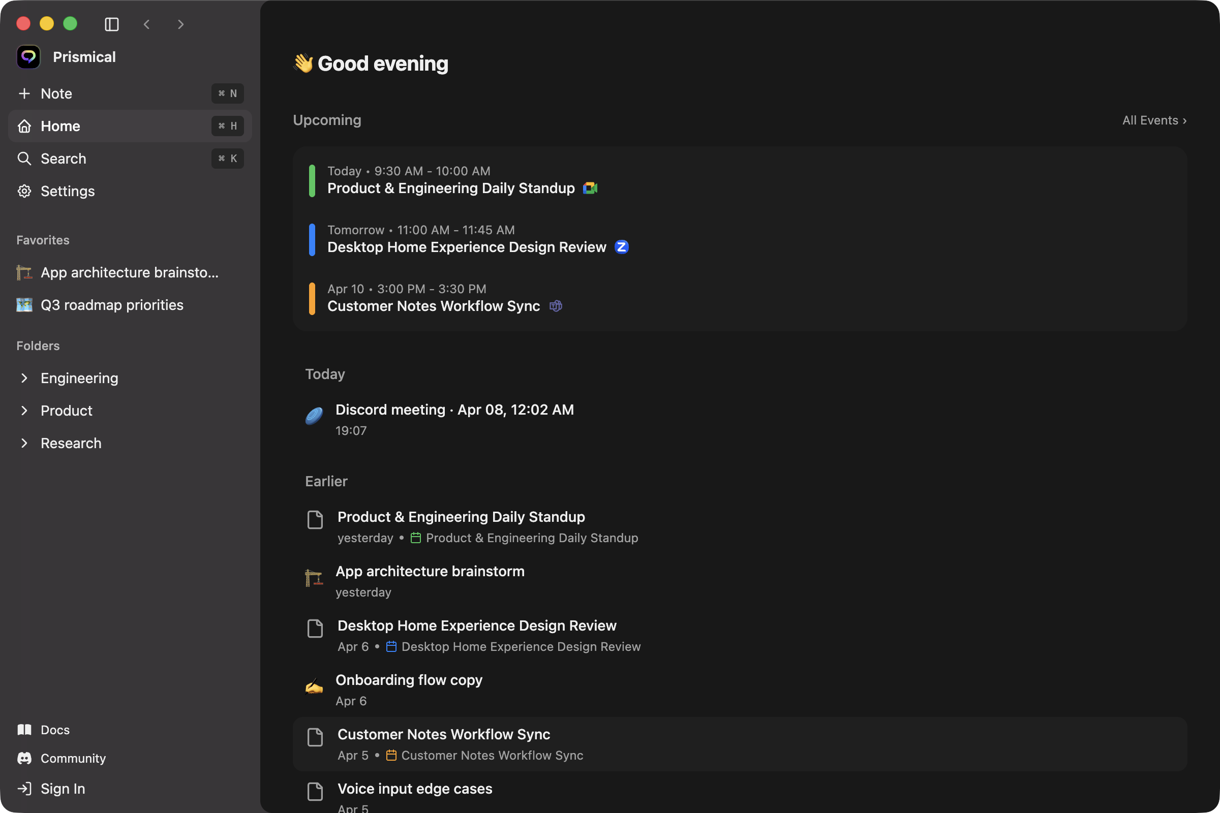 Prismical desktop app showing a meeting transcript with live transcription and AI-generated action items