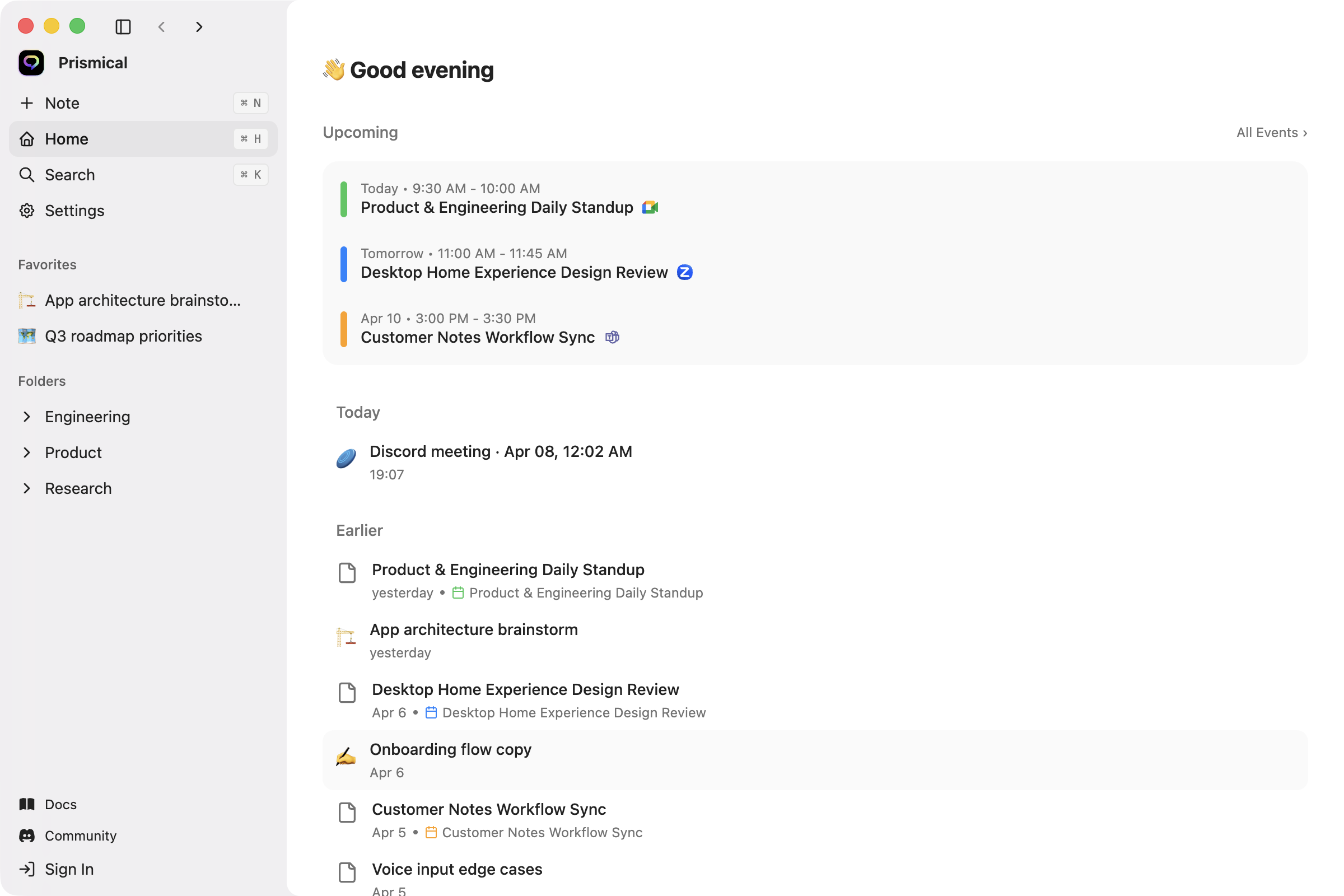 Prismical desktop app showing a meeting transcript with live transcription and AI-generated action items