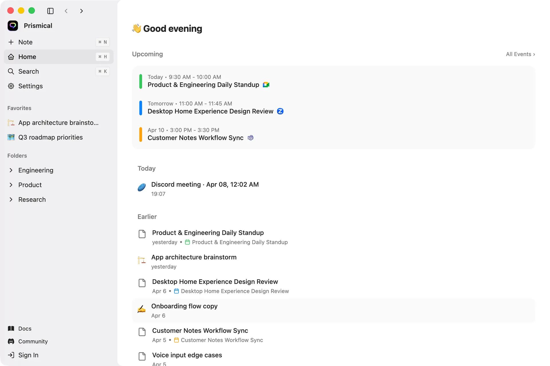 Prismical desktop app showing a meeting transcript with live transcription and AI-generated action items