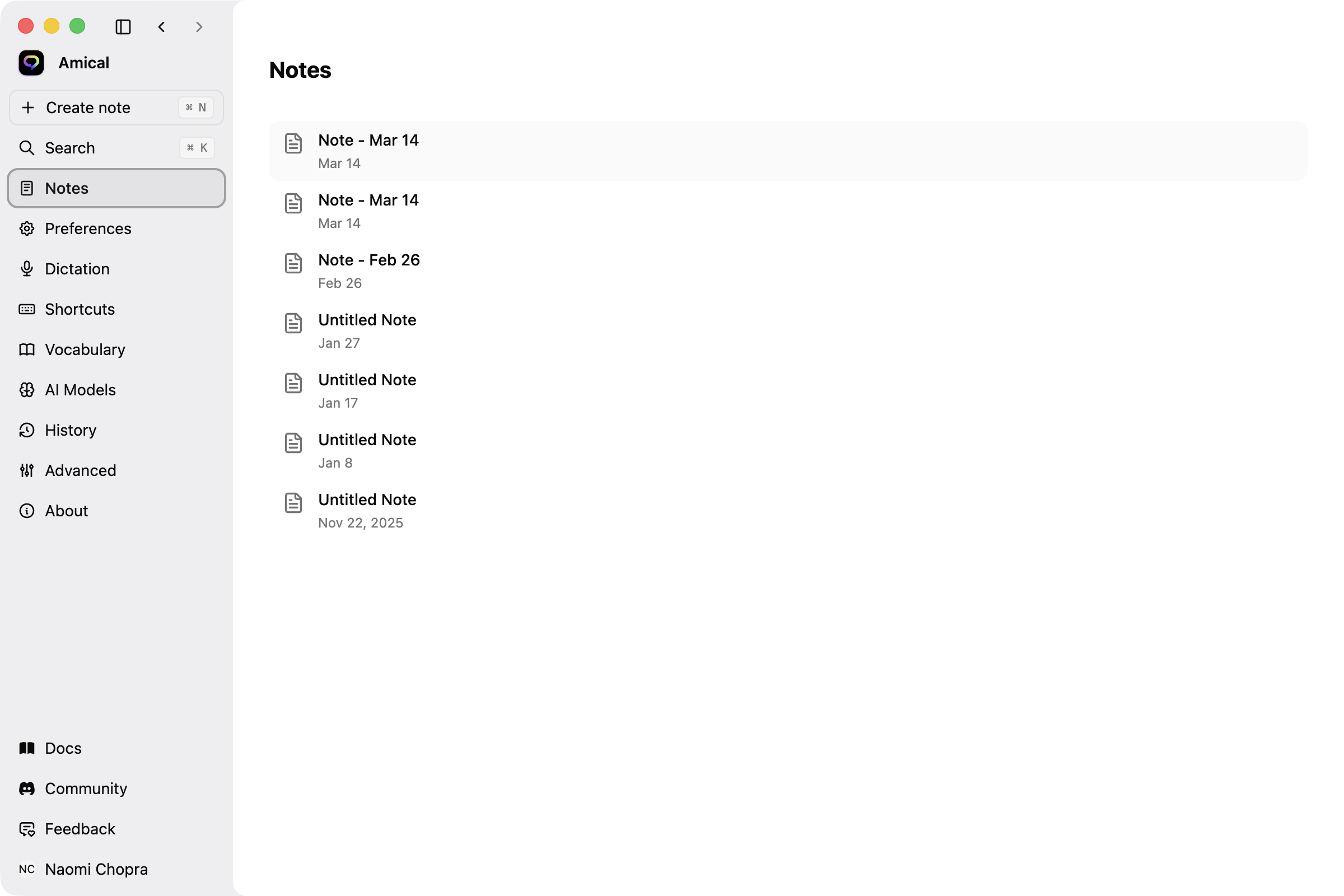 Prismical desktop app showing a meeting transcript with live transcription and AI-generated action items