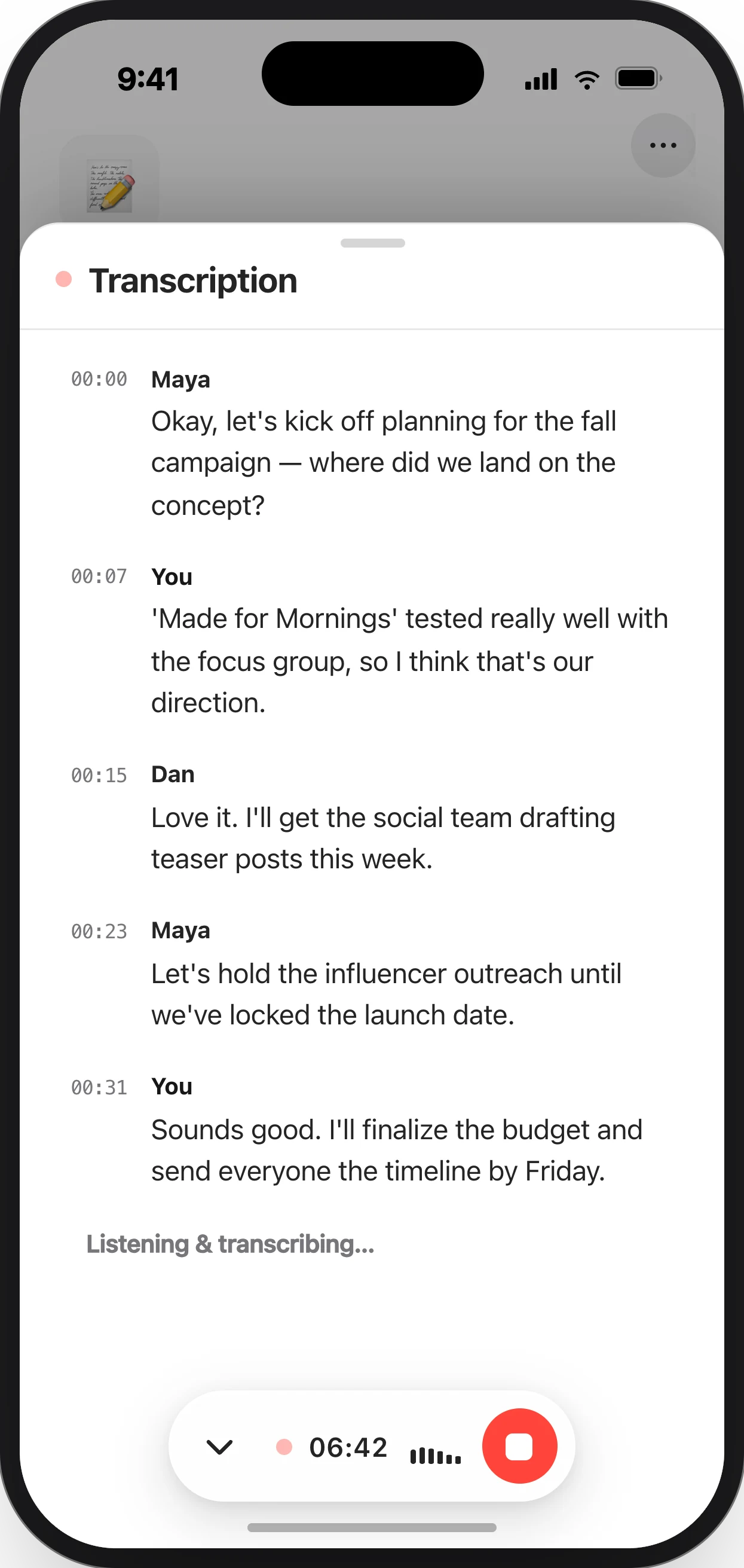 Prismical mobile app recording a meeting with a live transcription